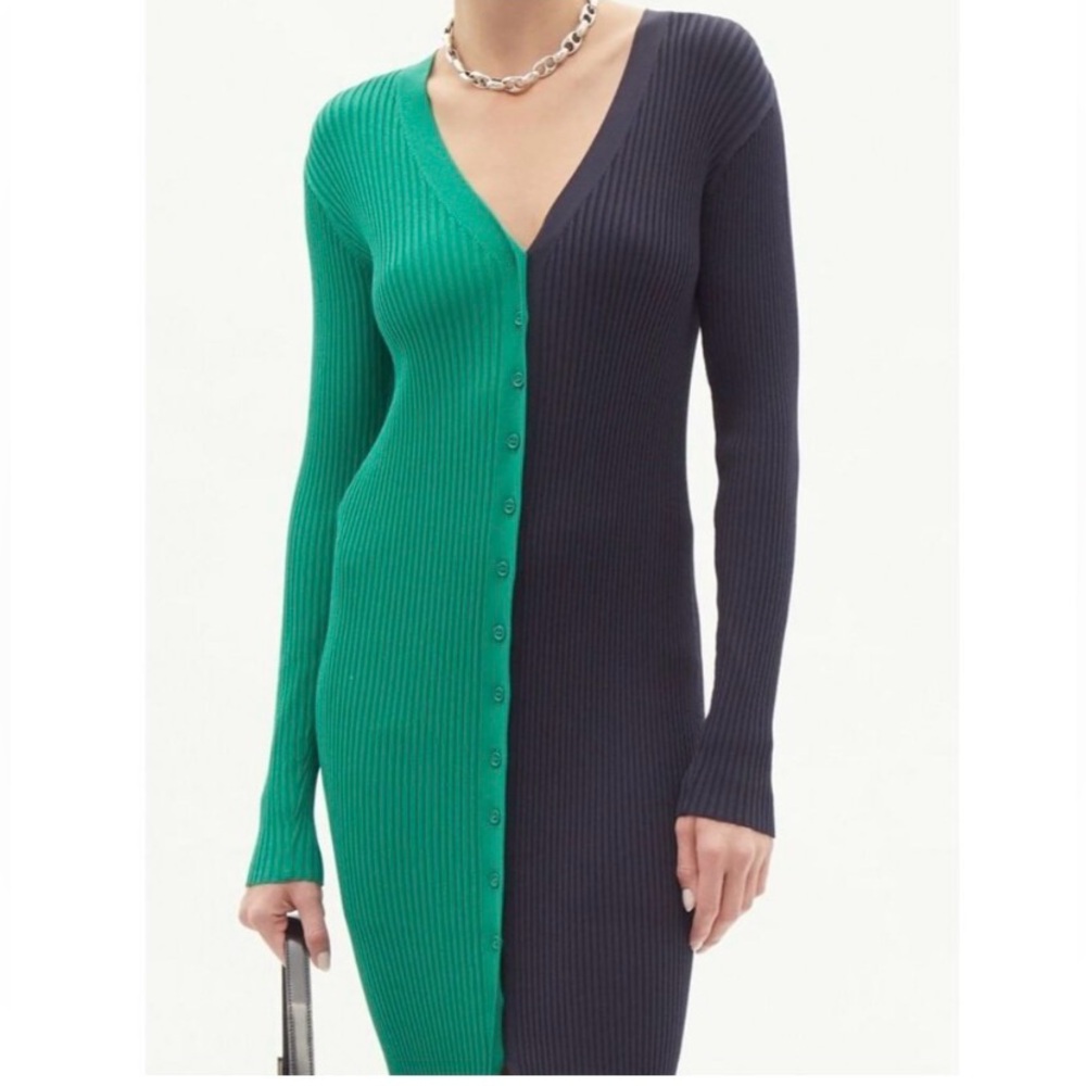 Colorblock Rib-Knit Button-Front Dress in Green & Navy